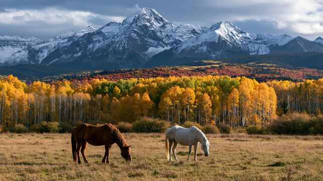 a serene moment in a mountainous region during autumn. Two horses graze on a grassy meadow, one brown and one white. The brown horse grazes on the grass, while the white horse stands still.