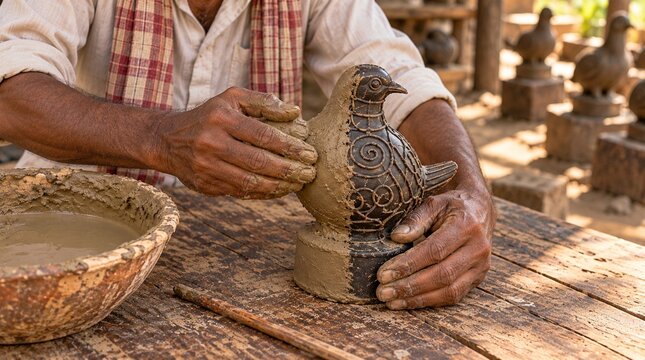 Artesano indio recubriendo figura para preparar fundición tradicional