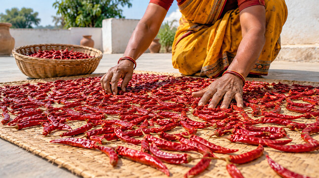 Mujer india extendiendo chiles rojos para secado solar