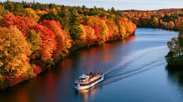 a serene lakeside scene during autumn. The main subject is a white boat with red trim, traveling along a calm lake. The boat is surrounded by a dense forest of vibrant fall foliage in shades of red.
