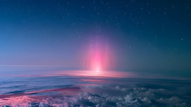 Red sprite lightning glowing pink sprite lightning rises above storm cloud over dark ocean beneath starry sky, creating eerie atmospheric scene