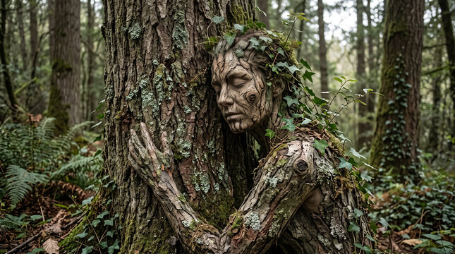Woman Blending into Tree Trunk with Bark Texture Body Paint in Forest. Concept of camouflage, dryad, wood nymph, nature spirit, fantasy.