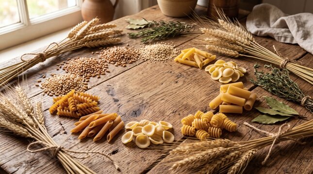 Various types of dry pasta and wheat ears arranged on a rustic wooden table.