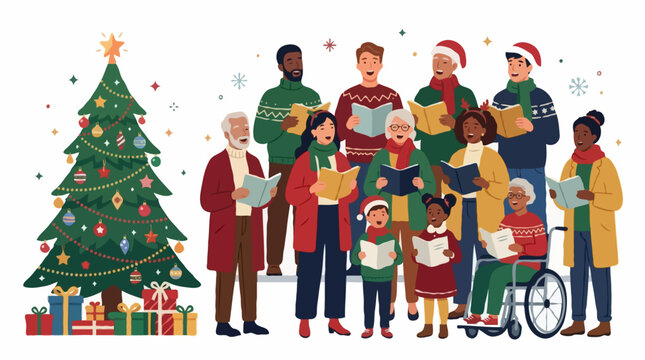 A diverse group of people, young and old, some in wheelchairs, singing Christmas carols together next to a decorated Christmas tree, with gift boxes at its base