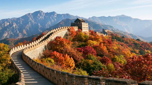a vivid portrayal of the Great Wall of China during autumn. The main subject is the ancient structure, a section of the wall, surrounded by a dense forest of vibrant fall foliage in shades of red.