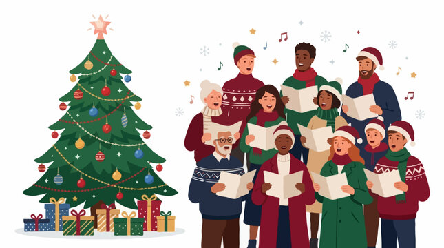 A diverse group of people of all ages singing Christmas carols beside a decorated Christmas tree. They are holding songbooks and wearing festive attire.