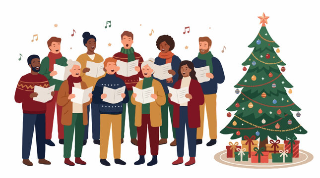 A diverse group of people are singing Christmas carols around a decorated Christmas tree. The people are dressed in festive sweaters and scarves.
