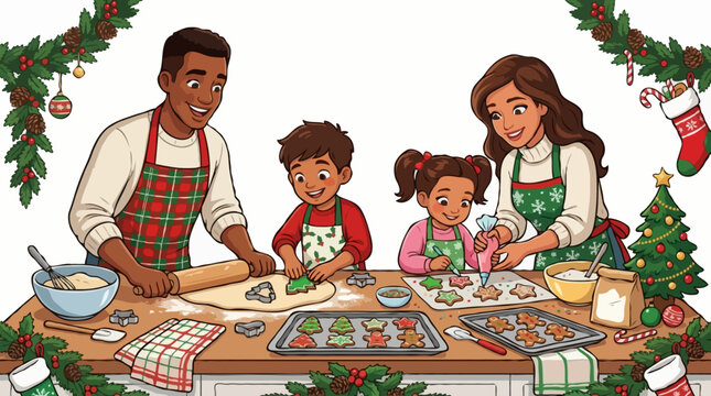 A happy family baking Christmas cookies together in a festive kitchen. A father rolls out dough, a mother decorates, and two children cut out shapes.