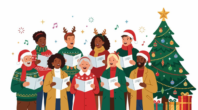 A diverse group of people singing carols around a decorated Christmas tree. They are wearing festive sweaters and hats, with some sporting reindeer antlers
