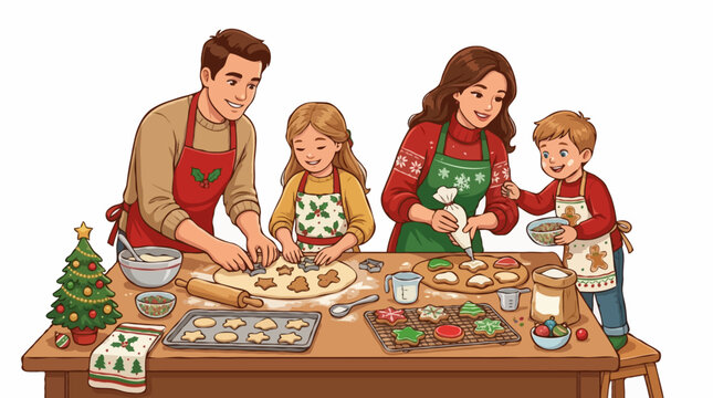 A family of four joyfully baking Christmas cookies together in a cozy kitchen. The parents and their two children are wearing festive aprons and smiles as they prepare holiday treats.