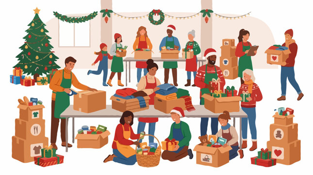A diverse group of people preparing and packing Christmas gifts for charity. They are working together in a festive environment, with a decorated Christmas tree and presents visible