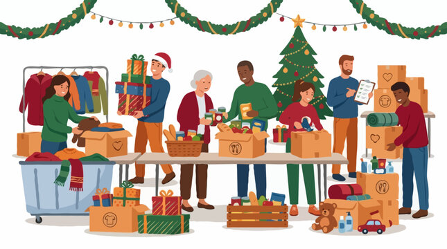 Christmas donation event, people packing gifts and food for charity. A group of volunteers is organizing donations under a decorated Christmas tree, with festive lights and garlands. Clothing, toys.