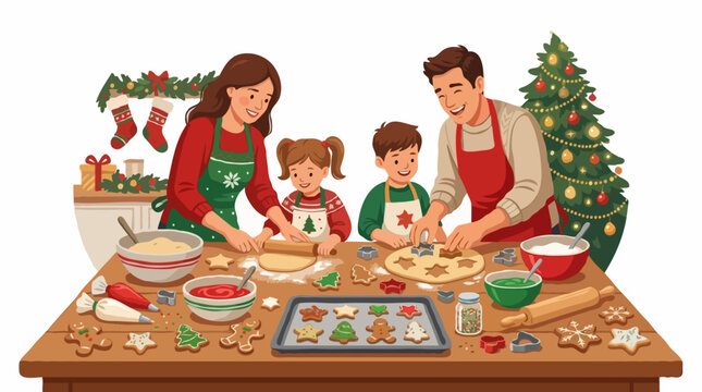 Family happily baking Christmas cookies together, decorated with festive holiday spirit. The scene captures the joy and warmth of family bonding during the holiday season