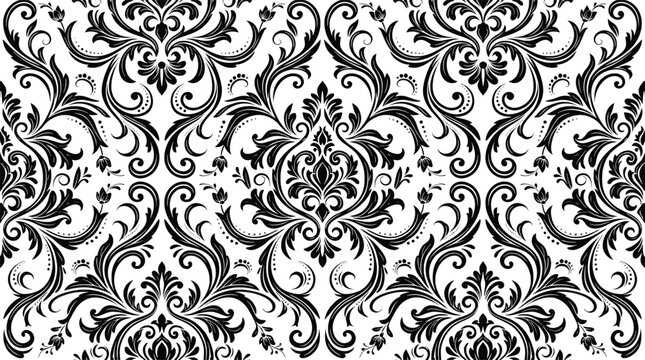 Vintage damask seamless pattern, black and white baroque floral background, elegant rococo ornament vector for wallpaper and fabric design