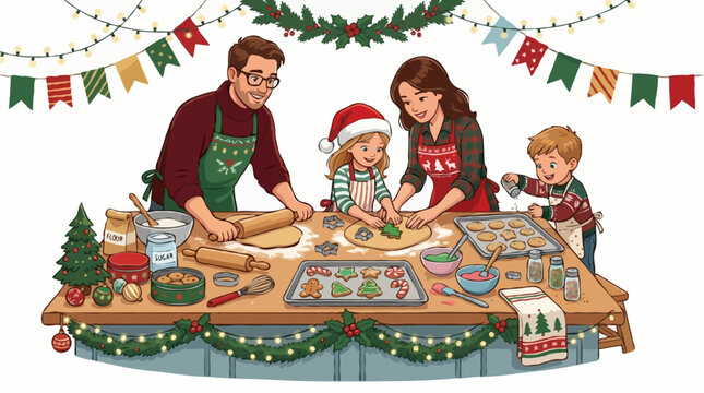 A family of four happily baking Christmas cookies together in a festive kitchen. Parents and children are actively involved in rolling dough, cutting shapes, and decorating treats.