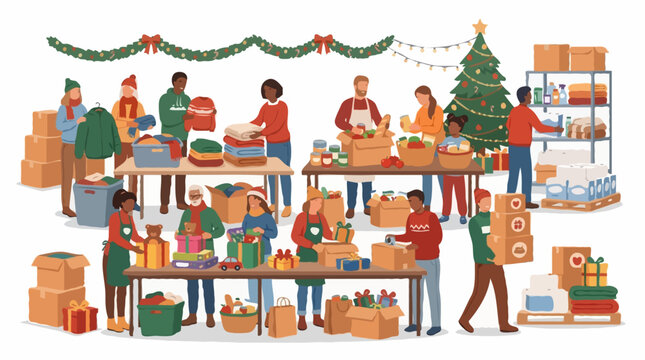 A diverse group of volunteers working together to pack and distribute gifts during the holiday season. People of all ages and backgrounds are engaged in the heartwarming activity.