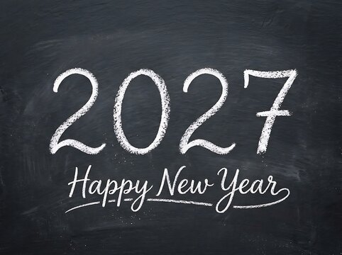 Happy New Year 2027 handwritten chalk lettering on a dark black chalkboard background