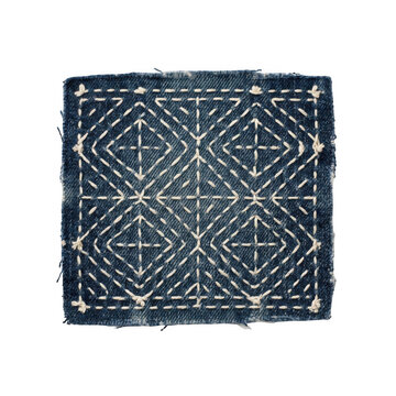 Denim patch with geometric sashiko stitch pattern isolated on transparent background