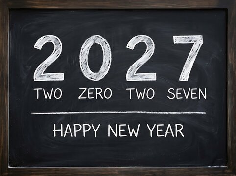 Happy New Year 2027 text written in white chalk on a vintage black wooden framed school blackboard