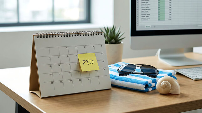 Desk calendar with PTO sticky note, sunglasses, towel, and seashell for vacation