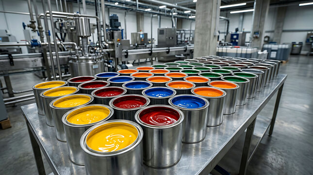 Paint production factory with rows of colorful filled cans on metal table