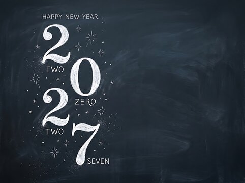 Happy New Year 2027 greeting written with white chalk on dark blackboard surface