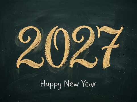 Golden hand drawn 2027 text on a dark chalkboard background for happy new year celebration