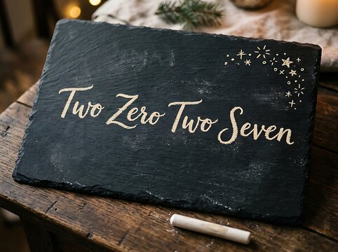 Two zero two seven written in gold calligraphy on a black slate board with festive stars