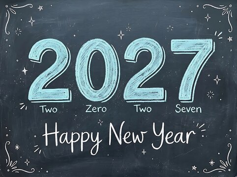 Happy New Year 2027 greeting written in white chalk on a black school blackboard background