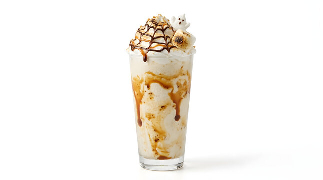 Halloween Drink, Delicious Halloween S'mores Milkshake with Toasted Marshmallow, Chocolate Drizzle, and Ghost Topping in a Clear Glass Isolated on White Background