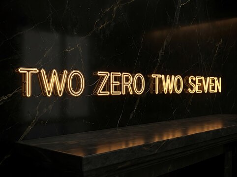 Glowing neon sign displaying the text two zero two seven mounted on a black marble wall