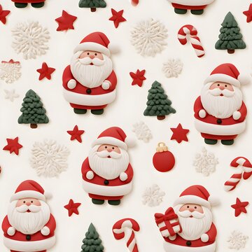Cute 3D Santa Claus and Christmas Gifts Seamless Pattern