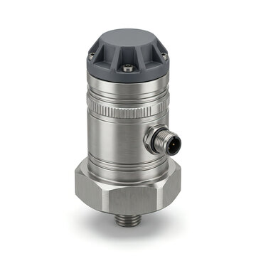 Industrial stainless steel pressure transmitter sensor with M12 electrical connector isolated on white background for process automation system