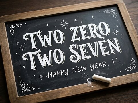 Chalkboard sign featuring text two zero two seven happy new year