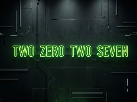 Green neon glowing text two zero two seven on dark industrial metallic textured background