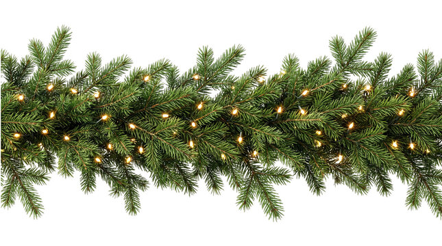 Festive evergreen garland with warm lights isolated on transparent png
