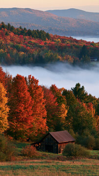 a serene autumn scene. A rustic wooden barn sits in the foreground, surrounded by a dense forest of vibrant fall foliage in shades of red, orange, and green. A misty river flows through the forest.
