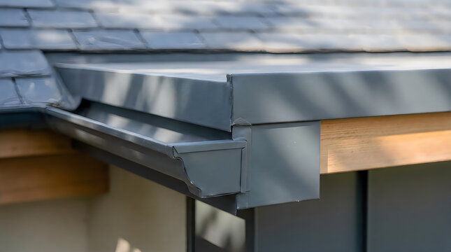 Seamless metal gutter joint detail on a modern residential roof edge