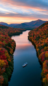 a serene lakeside landscape during autumn. The main subject is a calm body of water, reflecting the warm hues of the setting sun. A small boat floats peacefully on the waters surface.