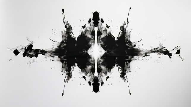 Rorschach ink spots. A projective psychological test. Symmetrical black blots shape on a white background with lots of splashes and details. It is used to assess perception and emotional state.