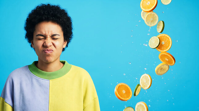 Person making exaggerated sour face expression with citrus slices floating in air, bright studio lighting