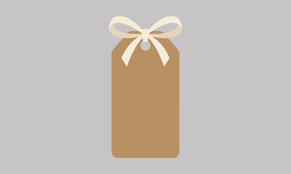 Brown gift tag with cream ribbon bow isolated on grey background for