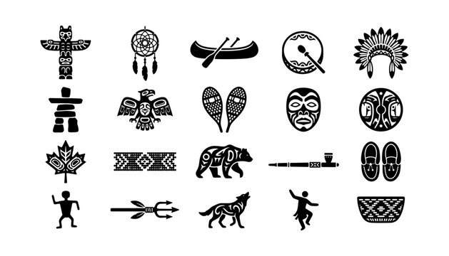 Indigenous native american cultural symbols collection with tribal artifacts and traditional heritage vector icons