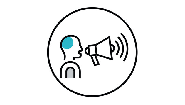 Simple line art icon illustrating a human head profile speaking into a megaphone, symbolizing communication, announcement, or public address.