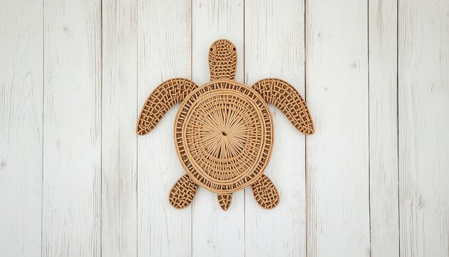 Handcrafted woven rattan sea turtle decorative wall hanging resting centrally upon white painted wooden planks surface background
