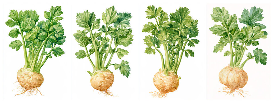 Set of four watercolor botanical illustrations of Celeriac plant showing lobed green leaves on hollow stalks and a large round knobby beige-brown root covered in fine rootlets