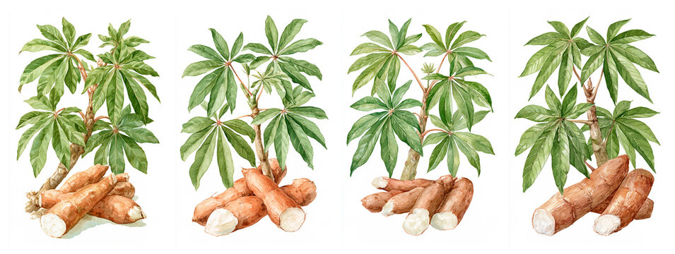 Set of four watercolor botanical illustrations of Cassava plant showing a woody stem, hand-shaped palmate green leaves with long narrow lobes and several long thick brown-barked roots
