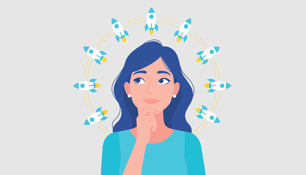 Contemplative illustration depicting a thoughtful woman surrounded by numerous rockets orbiting her head, symbolizing innovative ideas, new ventures, and ambitious concepts.