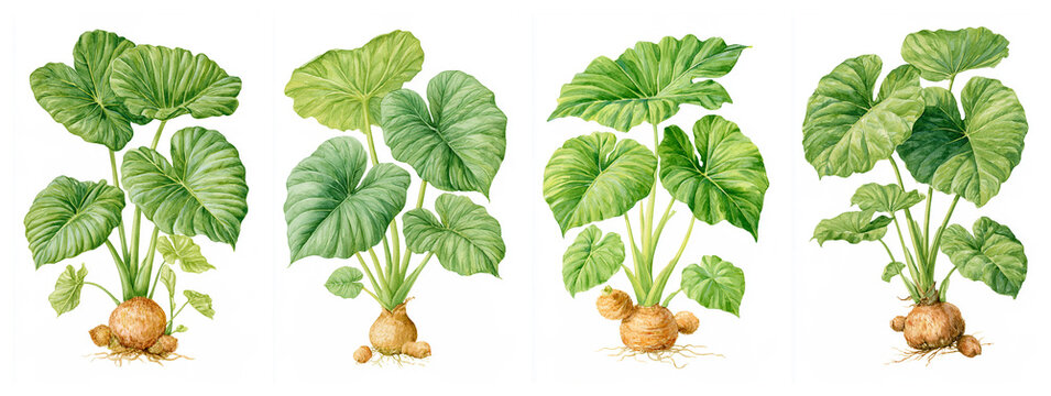 Set of four watercolor botanical illustrations of Taro plant showing huge heart-shaped green leaves on long stalks and a rounded brown hairy corm with small side corms and roots