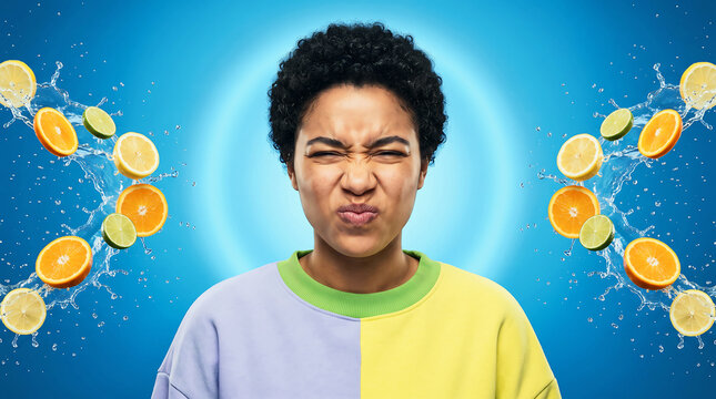 Young person making exaggerated sour face with citrus slices and water splash, vibrant expression
